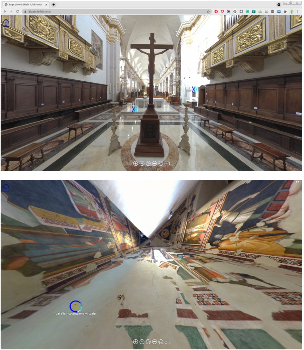 Figure 9 
            The virtual tour: two images from the visit to the present state of the Cathedral, in the lower image the “turn the hourglass back” icon indicates the access to a virtual reconstruction of the scene.
          