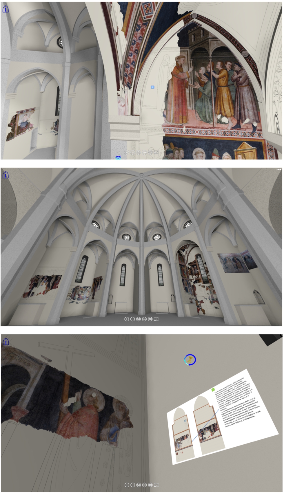 Figure 12 
            Other views from the virtual tour in the virtual reconstruction of the Gothic Cathedral; the lower image shows some animated panel inserted in the virtual environment to present detailed information about the artworks and indication about their reading sequence.
          