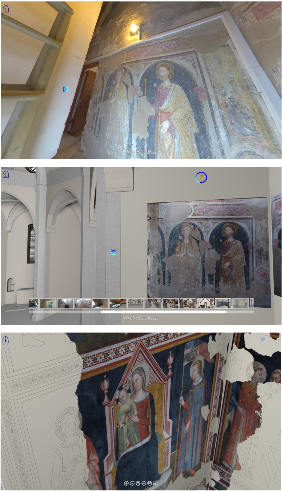 Figure 13 
            Other views from the virtual tour in the virtual reconstruction of the Gothic Cathedral; the top images show the present state of the Chapel dedicated to St. Magdalene, with the frescoes by Maestro di Staffolo and its virtual reconstruction.
          