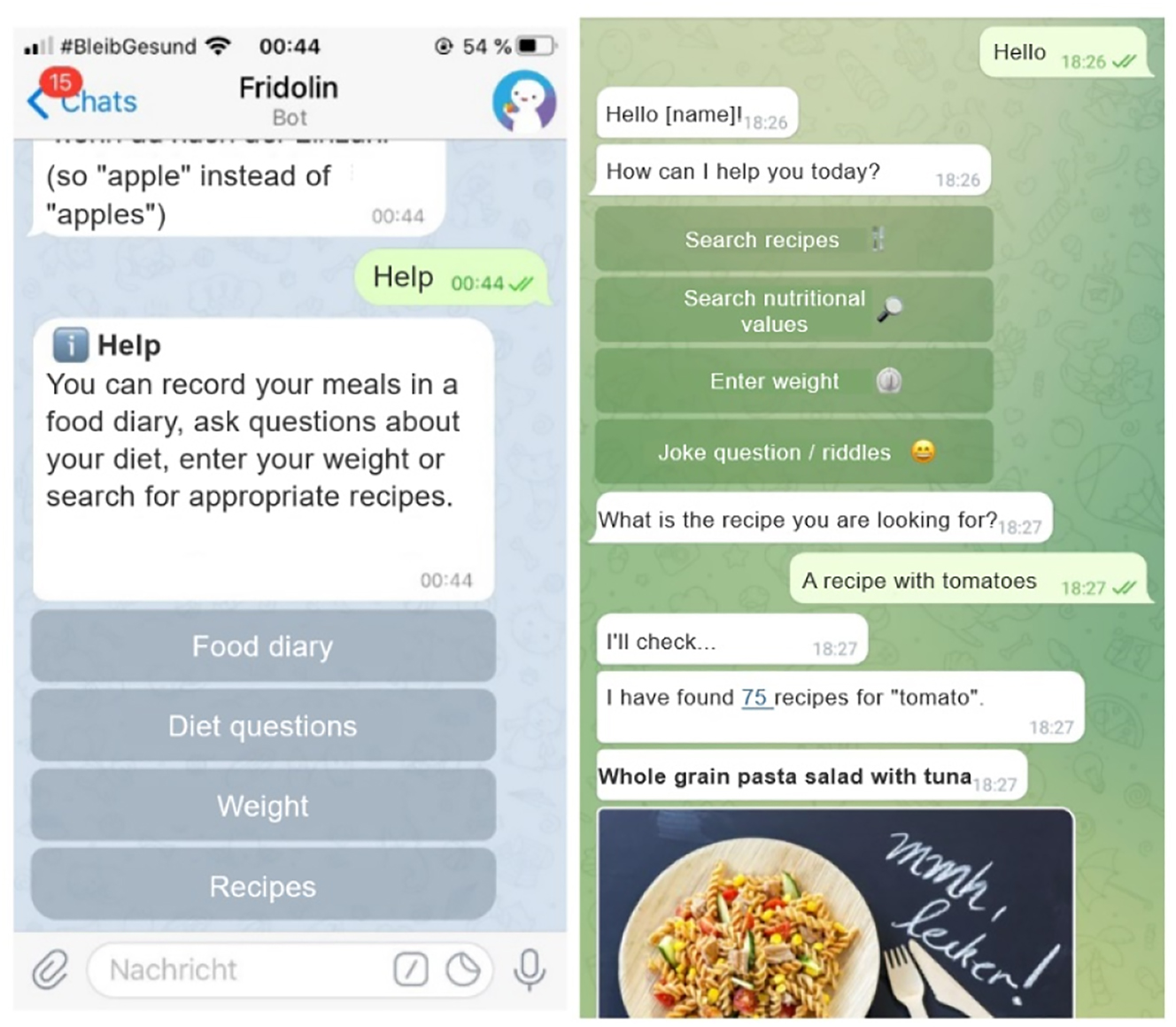 Figure 2:
The help feature in the first version of the prototype (left) compared to the implementation in the second version of the prototype (right), which is also sent back within the default responses (Figure translated to English).