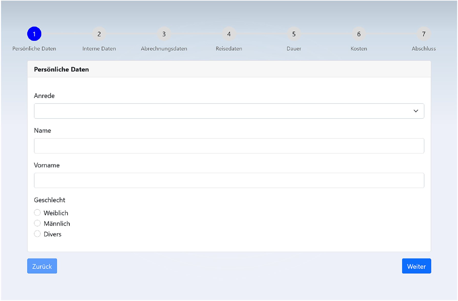 Figure 6: 
First page of the travel expense report test application. It queries the title, first and last name, and the gender from the user.
