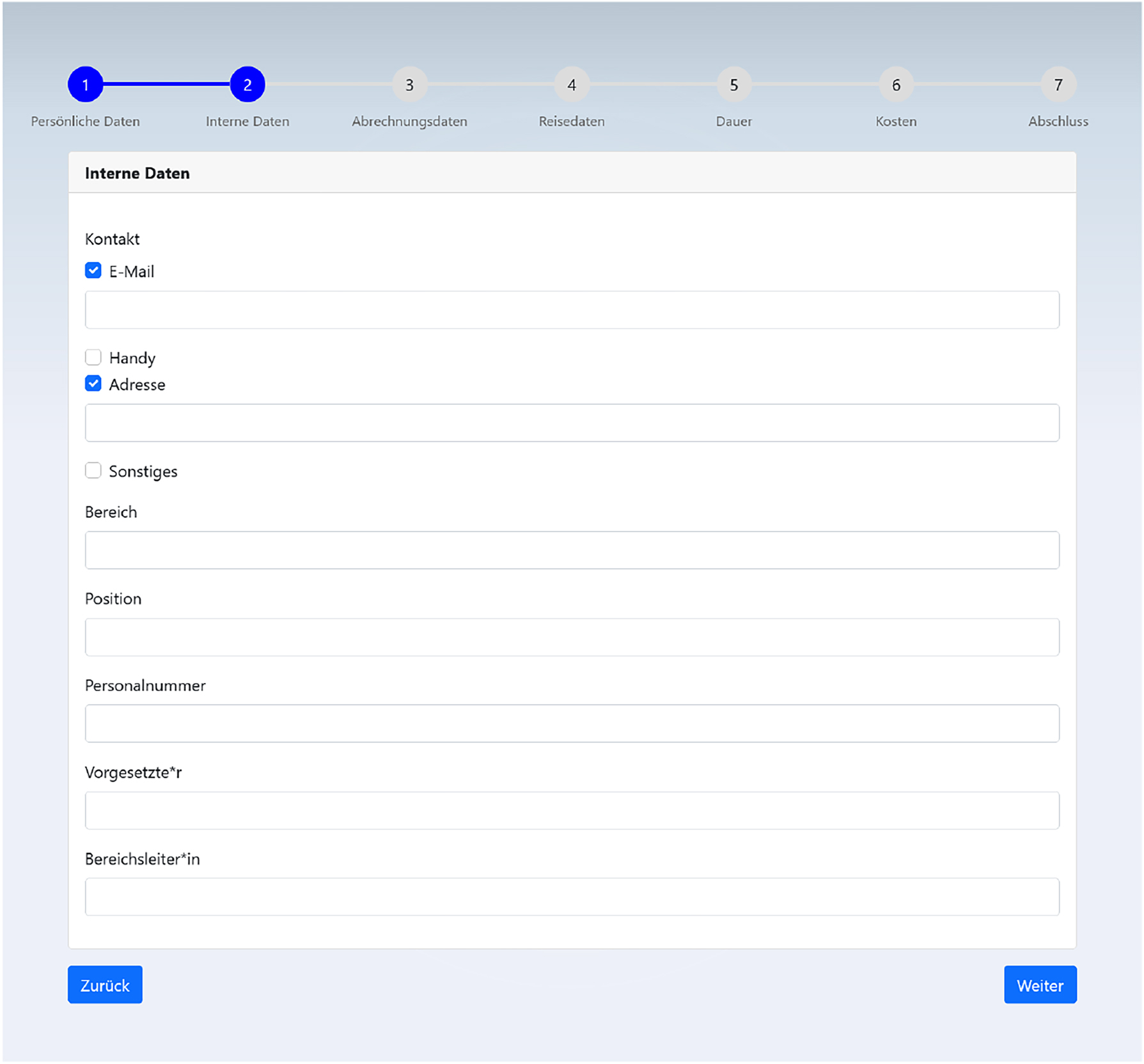 Figure 7: 
Second page of the travel expense report test application. It queries contact information as well as company internal data from the user. There are multiple types of contact information that can be entered: The email address, the mobile phone number, the address and a field for other information. Every contact information has a checkbox which displays a text input field below if activated. The company internal data are: the area of the user, the position, the staff number, the superior, and the area director.
