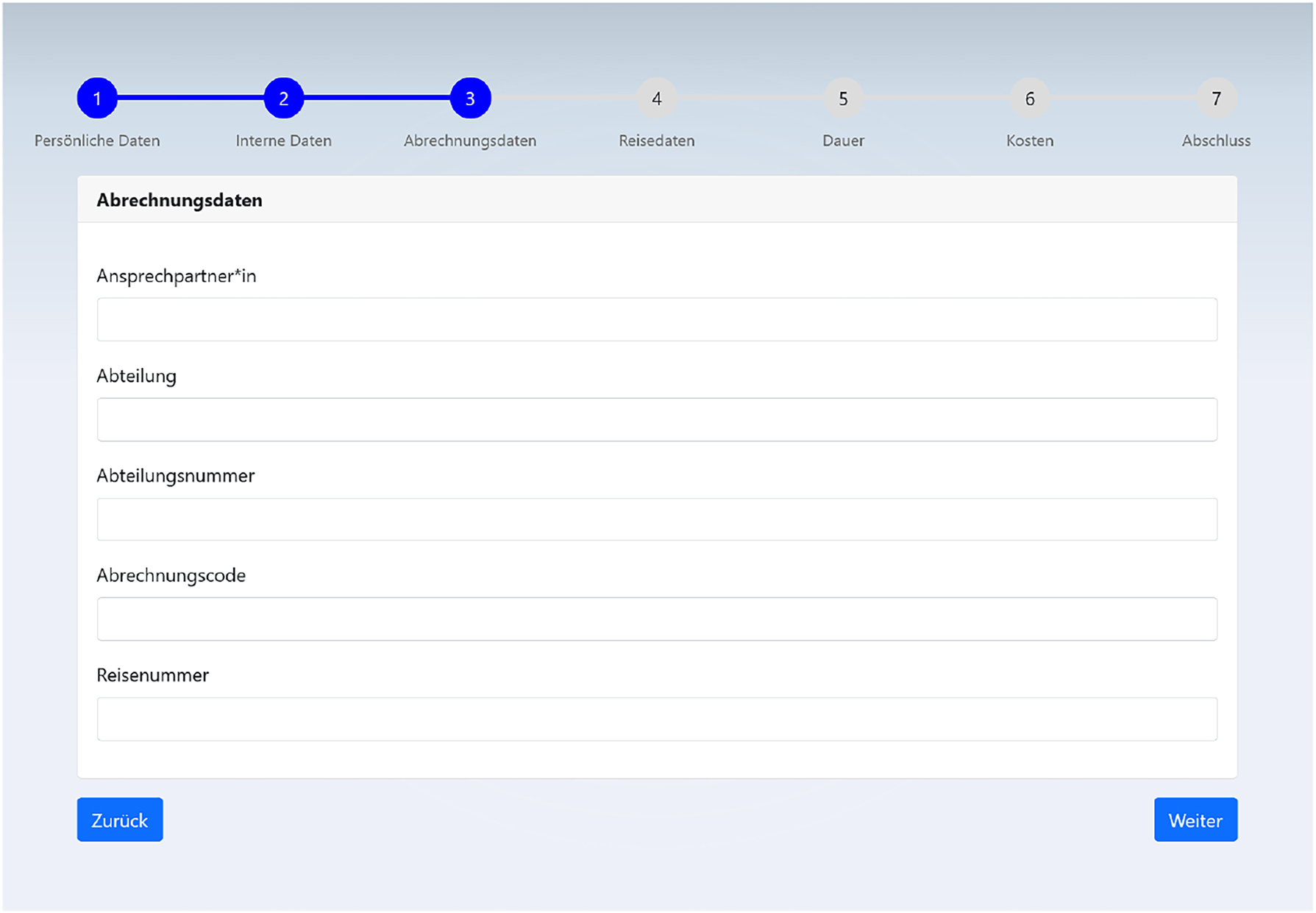 Figure 8: 
Third page of the travel expense report test application. It queries accounting information from the user. The accounting information are: the accounting contact person, the area, the area number, the accounting code, and the travel id.

