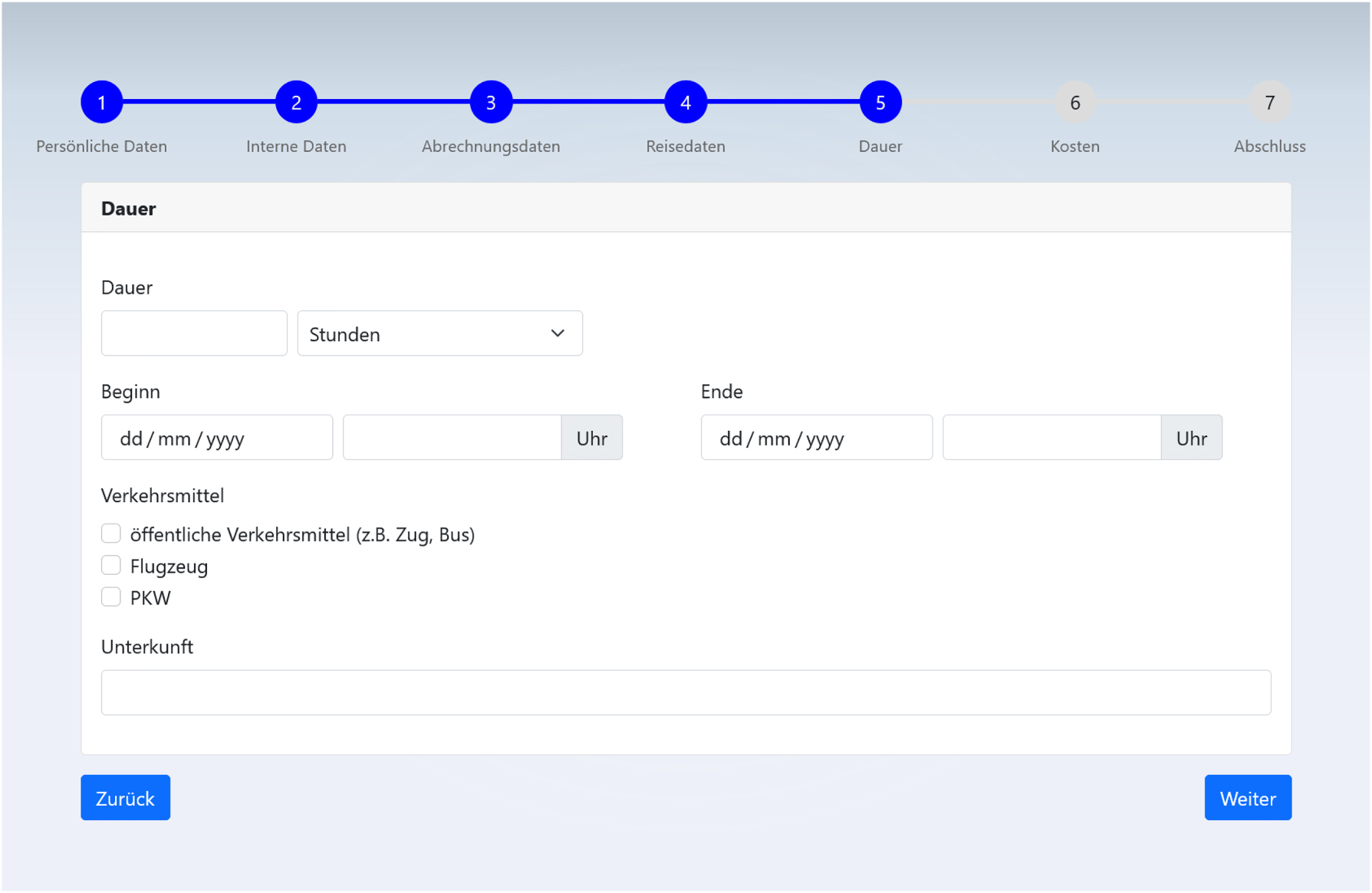 Figure 10: 
Fifth page of the travel expense report test application. It queries the duration and travel related information from the user. The following information has to be entered: the duration of the travel (in hours, days, or weeks), the beginning and end of the travel (date and time), the types of transport used in the travel (public transport, plane, and car), and the housing.
