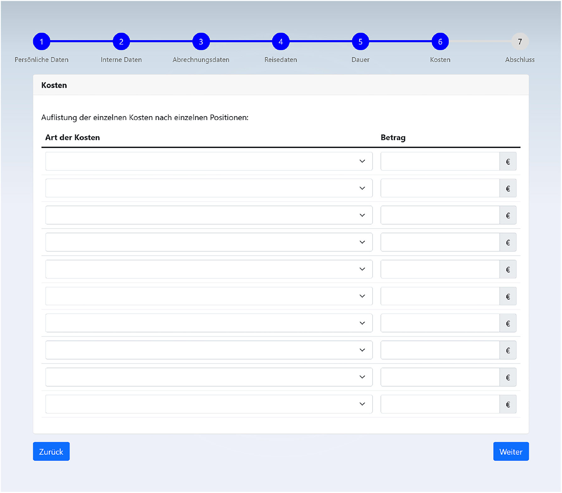 Figure 11: 
Sixth page of the travel expense report test application. It queries a detailed table of all travel related costs. The page contains a table with ten rows and two columns. The first column refers to the type of costs and contains a dropdown menu with a predefined set of cost types. The second column refers to the amount of money spent on the corresponding exposure and contains an input field to enter this amount.
