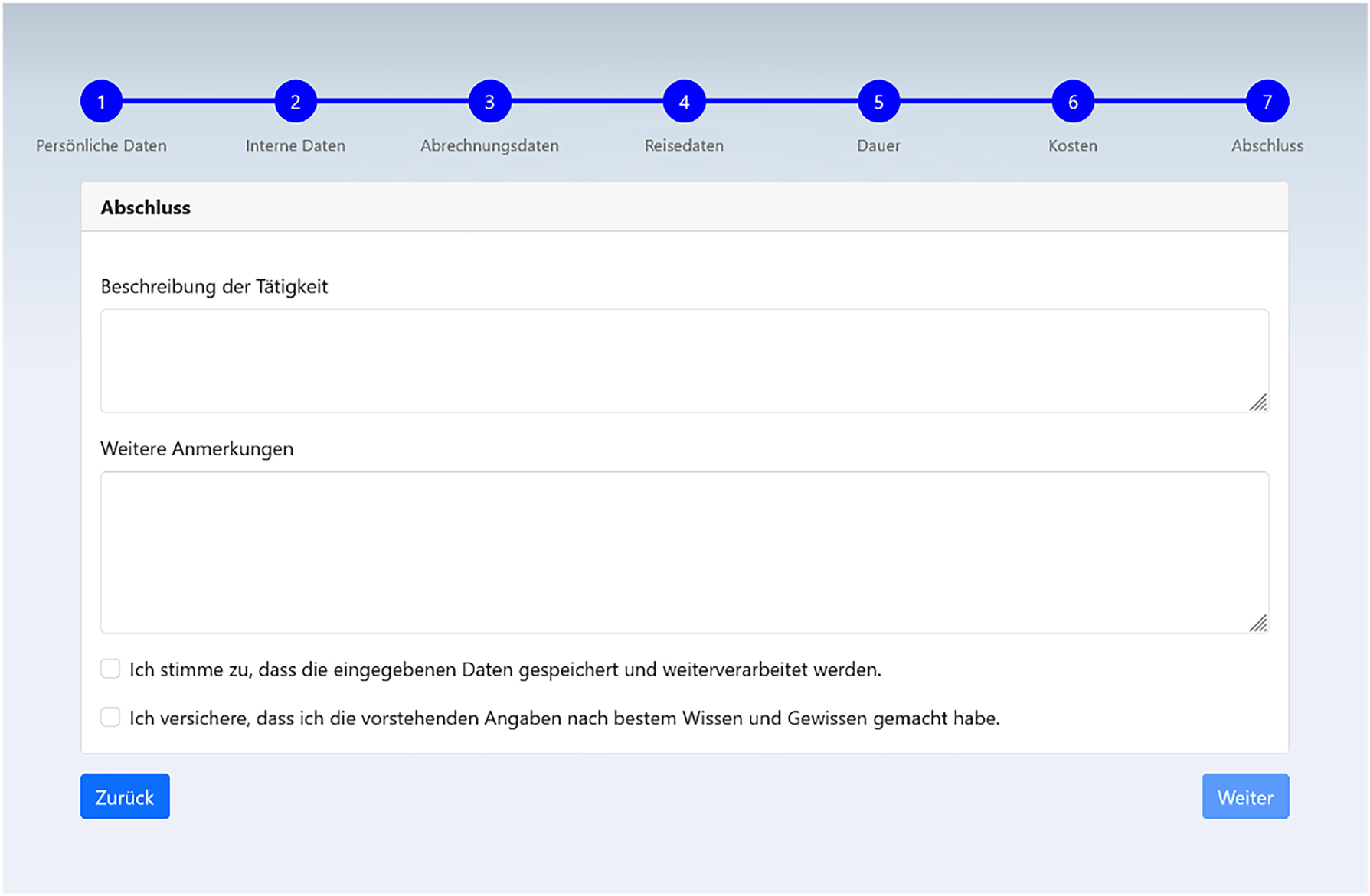 Figure 12: 
Seventh page of the travel expense report test application. It queries two additional free-text information about the travel and contains two checkboxes and the final submit button. The first text input field queries a description of the activity of the travel. The second text field can be used to enter any kind of additional remarks. The first checkbox has to be checked to agree to the data processing. The second checkbox has to be checked to confirm that all entered data is correct. When both checkboxes are checked, the final submit button gets enabled and the travel expense form can be submitted.
