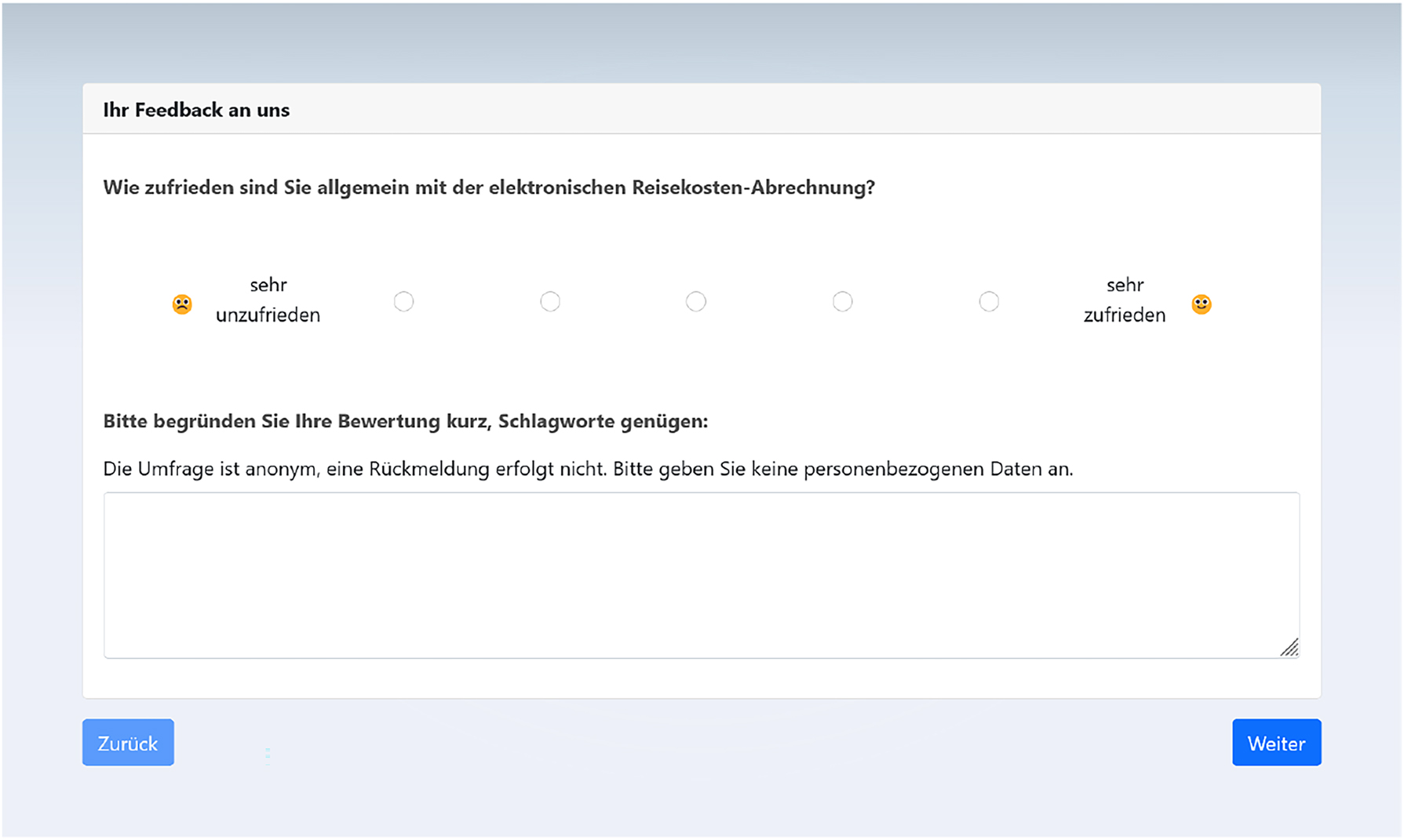 Figure 15: 
Page eleven of the web application. It queries the user for feedback on the test application. The user shall rate their satisfaction on a 5-point scale from very dissatisfied to very satisfied. Below there is a text input field which shall be used to justify the rating.
