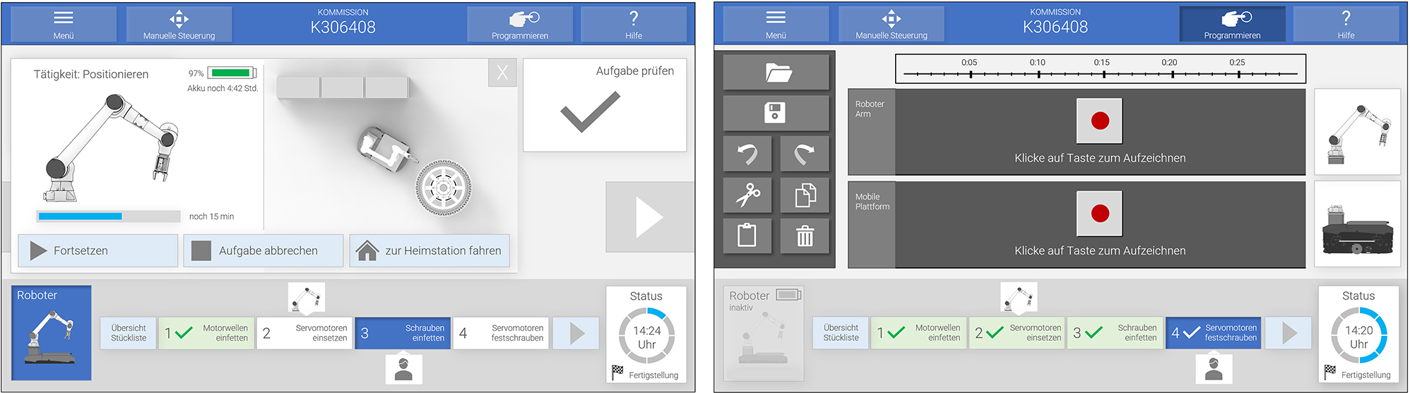 Figure 16:
Second iteration of GUI design – the left view shows the robot status, the right view shows the programming mode.
