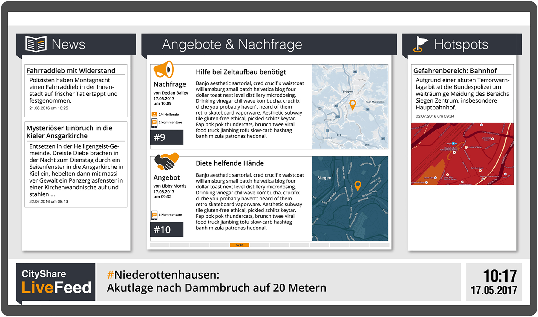 Figure 2:
The city-share application is easily accessible using QR codes. It is designed to provide news, manage the demand and supply of spontaneous volunteers, and display hotspots during crises through public displays.
24