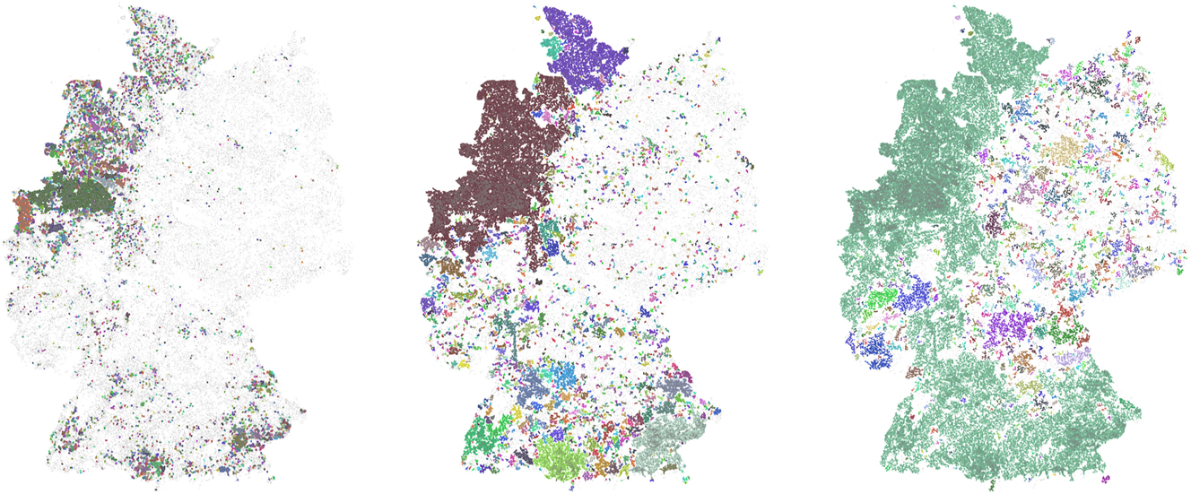 Figure 4:
Simulation of low power wide area networks (LPWANs) between German farms using LoRaWAN gateways with 1000 m (left), 2000 m (middle) and 3000 m (right) ranges.
36