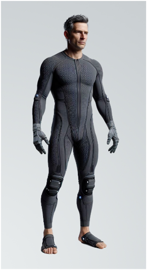 Figure 2:
The fifth component of the DMAR: haptic gloves integrated within a haptic suit, designed for the production of tactile stimuli (image by the author using DALL-E).