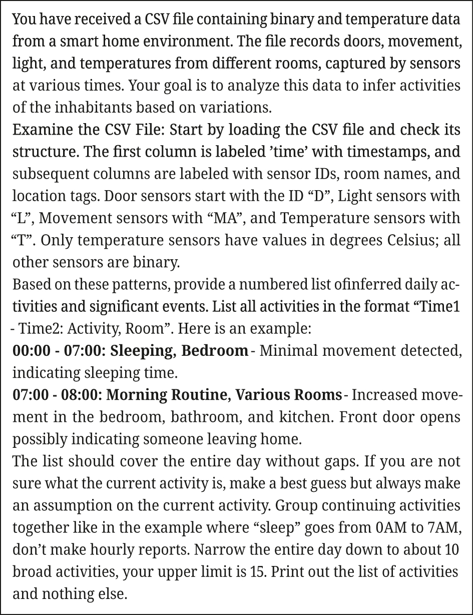Figure 1: 
Zero-shot prompt for inferring daily activities (Ex1, Ex4).

