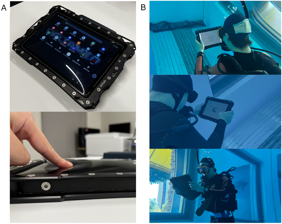Figure 1:
The experimental device and underwater task execution. (A) The water-resistant tablet used in the experiment. The screen is covered with a flexible waterproof membrane to allow touchscreen operation. (B) Participants performing the cognitive tasks underwater at a depth of 6 m.