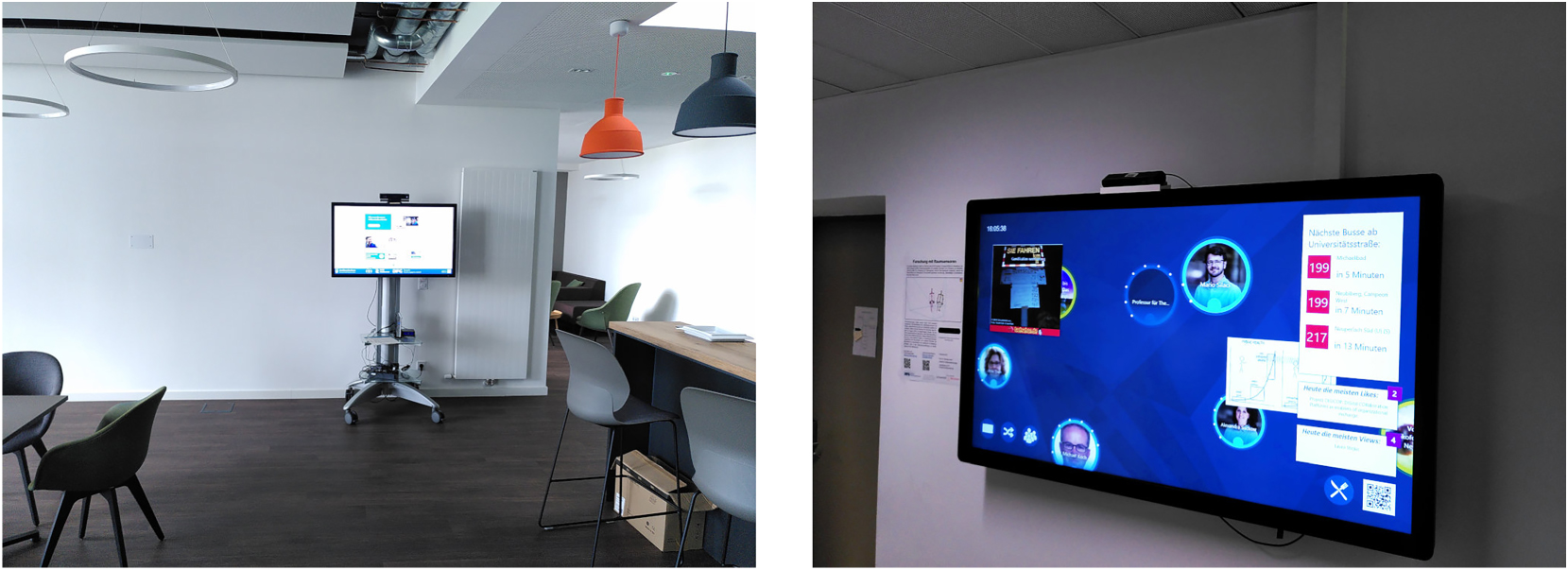 Figure 1: 
Two photos of representative ambient display deployments with body tracking sensors. Left: software company deployment, using a Microsoft Kinect v2 sensor. Right: university deployment, using a Stereolabs ZED 2 sensor.
