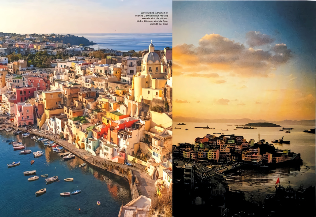 Abb. 6: Ein Vergleich von Panoramabildern in GEO SAISON und TRENDS TRAVELER: Scout: Linz (links) und Frisches Essen am Ostchinesischen Meer (rechts)