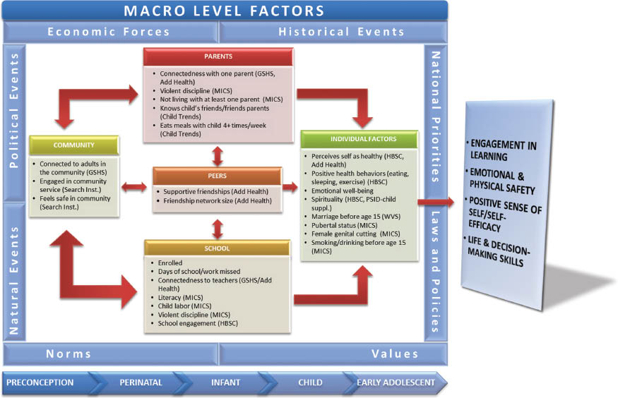 Figure 3 Potential indicators of early adolescent healthy development. Abbreviations: GSHS, Global School Health Survey; Search Inst., Assets Assessment of Search Institute, Minneapolis, MN.; Add Health, National Longitudinal Study of Adolescent Health; MICS, Multiple Indicator Cluster Survey (UNICEF); HBSC, Health Behavior of School-age Children; PSSID, Panel Study of Income Dynamics; WVS, World Values Survey.