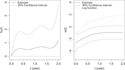 Figure 4: The estimated baseline function h0(t)${h_0}(t)$ and offset function w(t)$w(t)$ for the joint model of mortality and total length of stay.