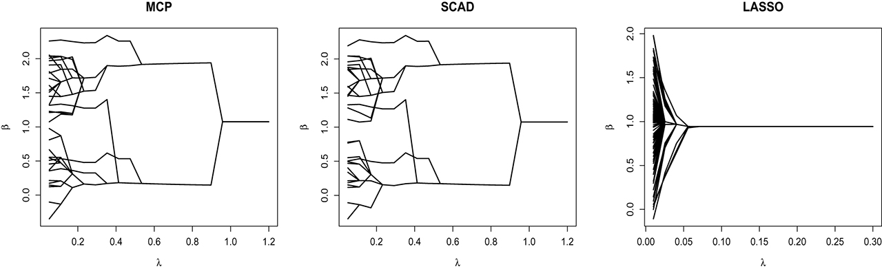 Figure 1: Solution paths for (βˆ21(λ),…,βˆ2n(λ))(\widehat{\beta }_{21}(\lambda ),\ldots ,\widehat{\beta }_{2n}(\lambda )) against λ\lambda with n = 200 for data from Example 1 in Section 6.