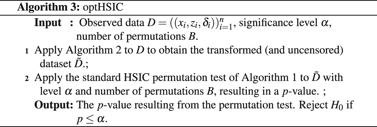 Figure 4: 
The optHSIC algorithm, resulting in a p-value and rejection decision of 




H
0

:
X
⫫
T



${H}_{0}:X{\Vbar}T$



.
