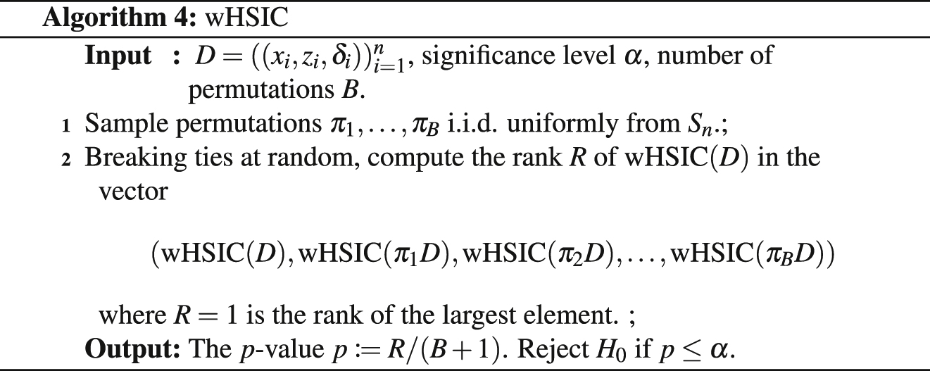 Figure 6: 
The wHSIC algorithm, resulting in a p-value and rejection decision of 




H
0

:
X
⫫
T



${H}_{0}:X{\Vbar}T$



.
