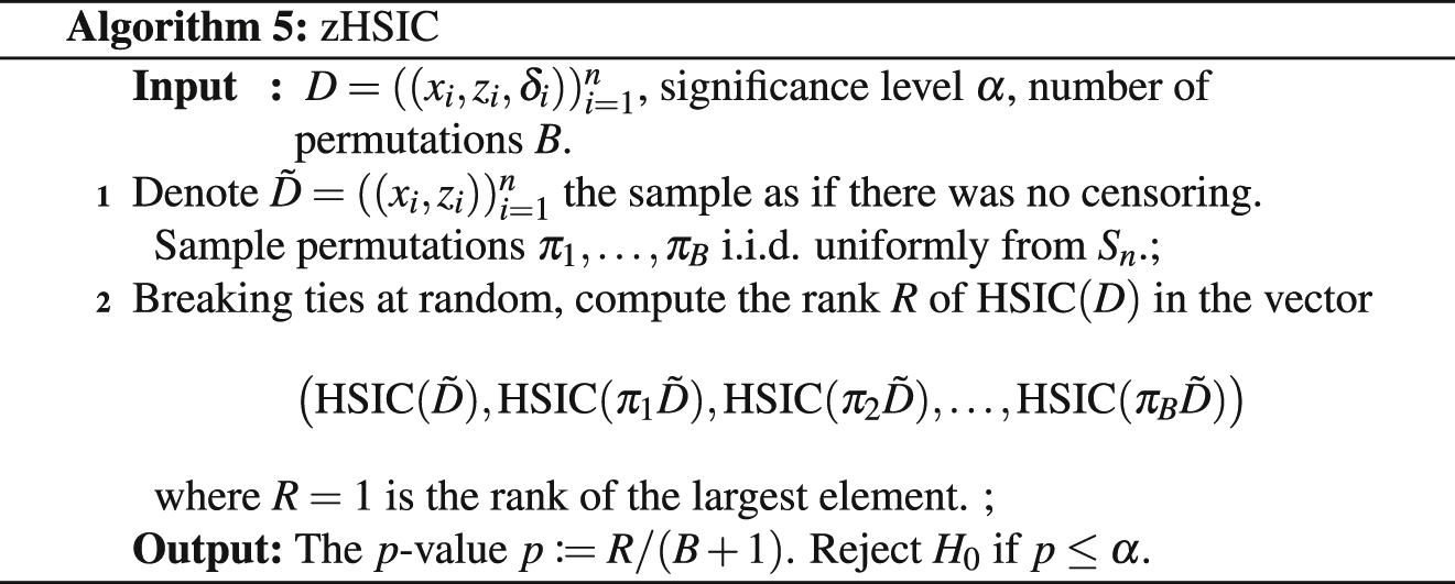 Figure 7: 
The zHSIC algorithm, resulting in a p-value and rejection decision of 




H
0

:
X
⫫
T



${H}_{0}:X{\Vbar}T$



.
