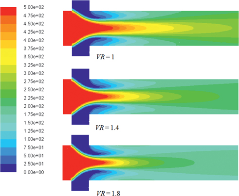 Figure 8: Comparison of spatial distributions of methane concentration (in PPM) at different VR values (θ=90°).