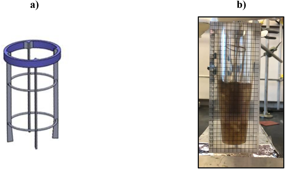 Figure B.1: (a) Diagram of the baffles, used in the CREC-VL-Cell, and (b) Mixing of a 20 wt% n-octane + 80 wt% water blend, using a marine impeller and from the top suspended baffles covered 10% of their total height with the liquid phase.Note: A 240 FPS high-speed camera and n-octane blend containing 0.0001 wt% bitumen dye is provided in a video, as Supplementary Material.