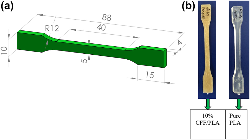 Figure 2: 
(a) Tensile test specimen geometries in accordance with ISO 527, (b) tensile test specimens of 10 % CFF/PLA biocomposite and pure PLA.
