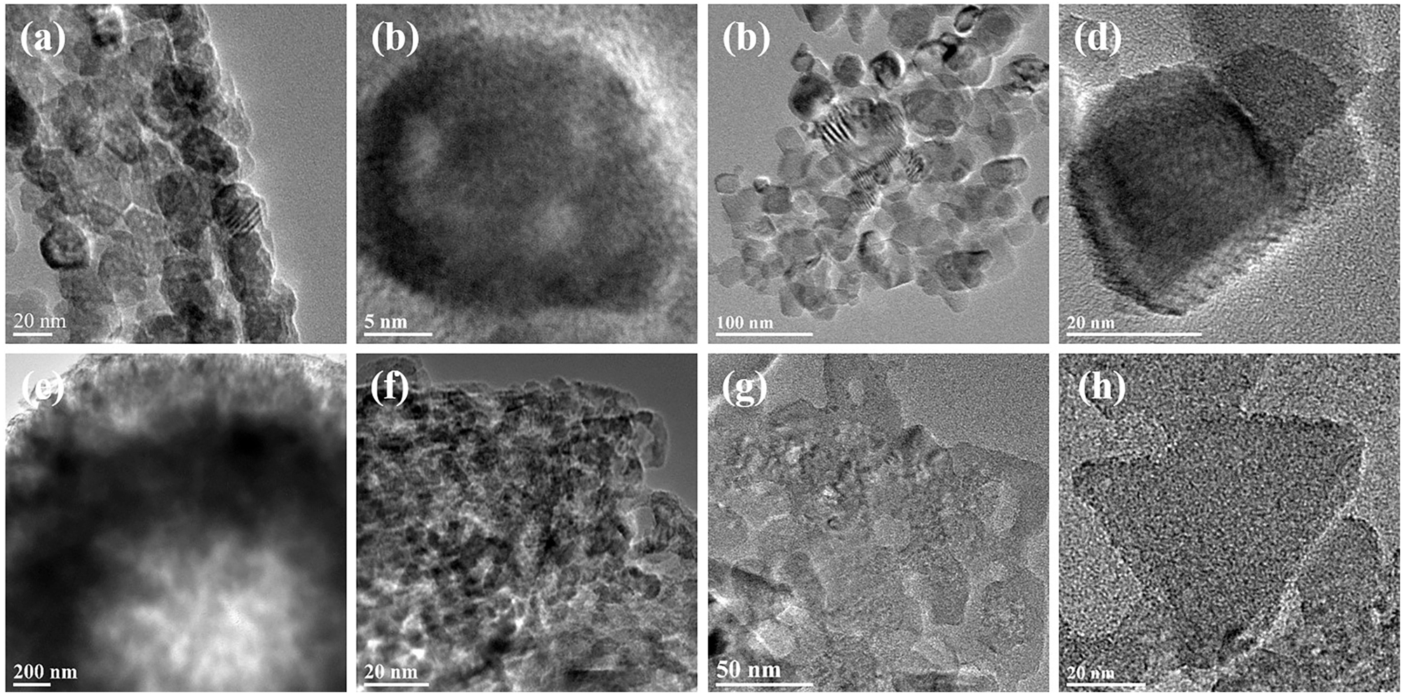 Figure 4: 
HRTEM images of the four different MgO samples: (a, b) MgO–A, (c, d) MgO–C, (e, f) MgO–N, and (g, h) MgO–S.
