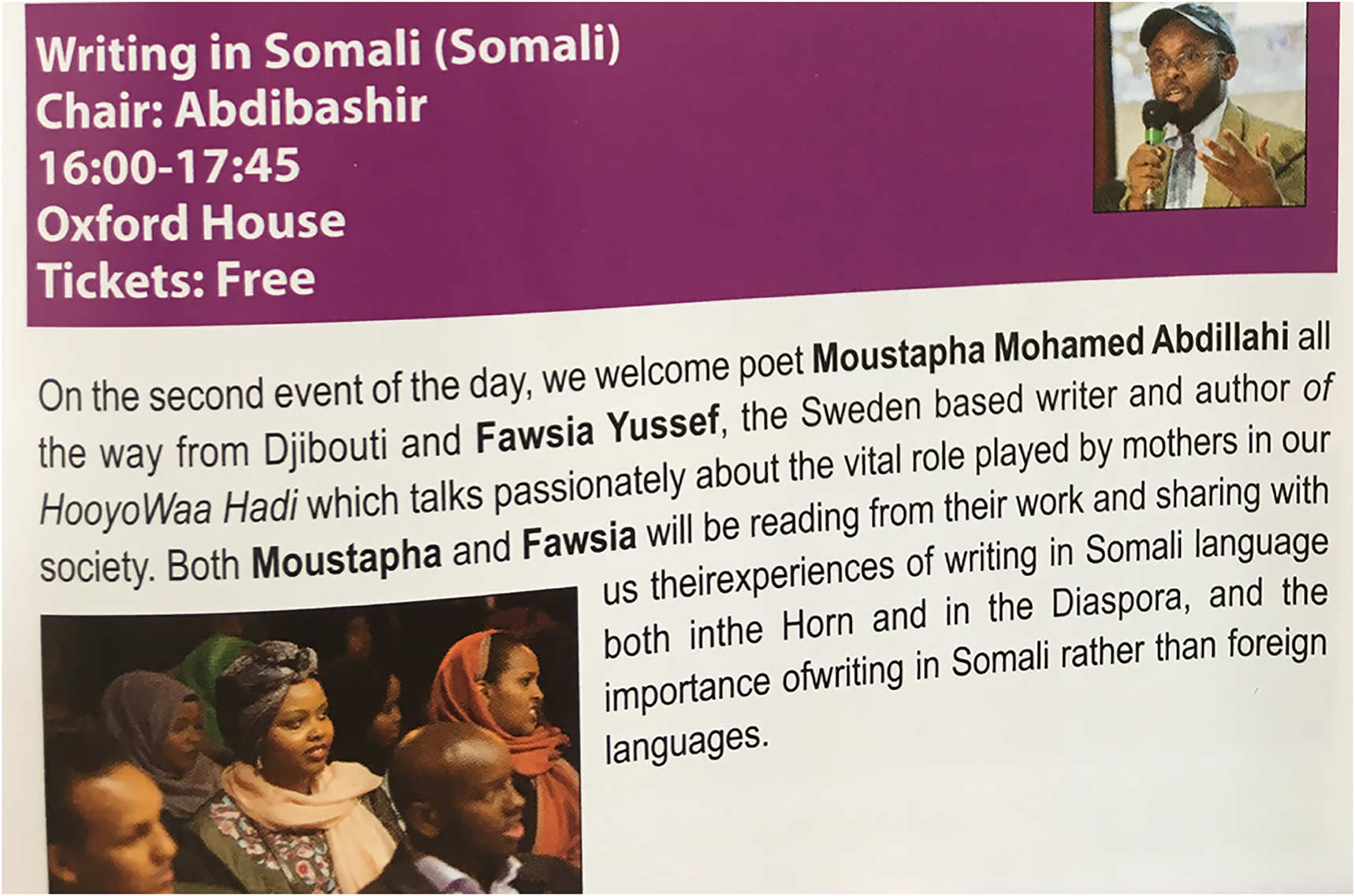 Figure 1: 
Somali Week Festival pamphlet of an event aimed at Somali-speaking adults from the diaspora, promoting Somali literacy and literature.