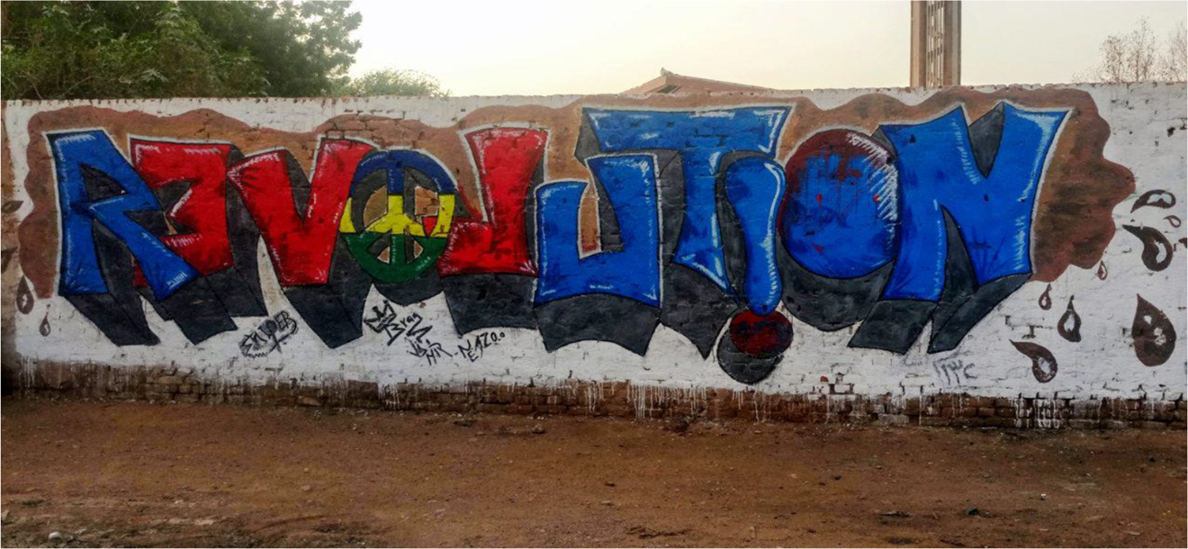 Figure 1: 
This sign shows graffiti with the word “Revolution” as a description of the protests against dictatorship in Sudan.
