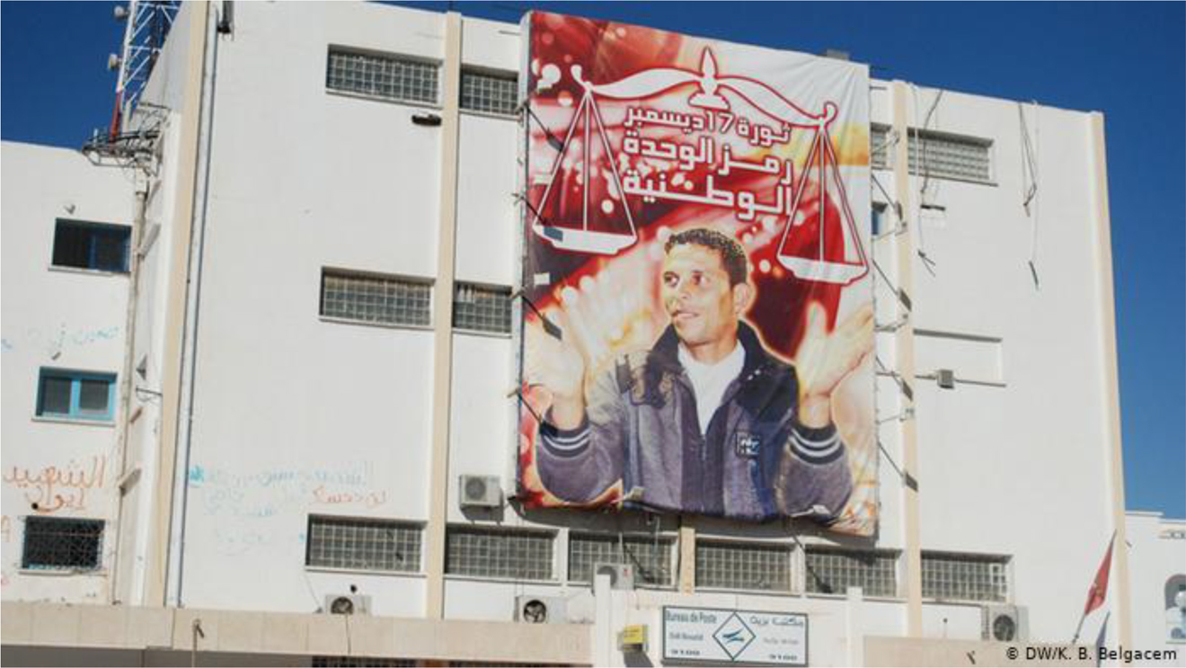 Figure 2: 
A wall sign displaying the image of Mohamed Bouazizi with an Arabic text. Bouazizi was a Tunisian street vendor who set himself on fire on December 17, 2010. This act became a catalyst for revolts not just against the Tunisian autocratic regime but also against most of the dictatorships in the Arab world. Translation of the Arabic texts: “The Revolution of 17 December is the symbol of national unity”.
