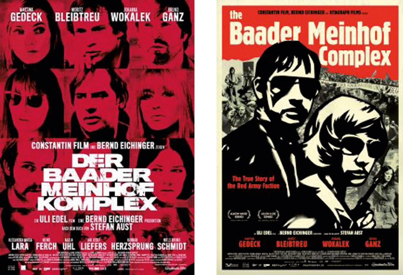 Abb. 1 und 2 
            Filmplakate für den deutsch- und englischsprachigen Markt im Vergleich (Der Baader Meinhof Komplex (D 2008, Regie: Uli Edel).Das linke Plakat verweist auf die RAF-Fahndungsplakate des BKA, die bis in die 1990er Jahre hinein im öffentlichen Raum präsent waren. Direktes Vorbild ist die Version, die zwischen 1970–1972 für die Fahndung nach RAF-Mitgliedern der ersten Generation genutzt wurde (vgl. Bilddatenbank des Bundesarchivs in Koblenz, Sign. Plak 006-001–058) http://www.bild.bundesarchiv.de/archives/barchpic/search/_1357296892/?search[form][SIGNATUR]=Plak+006-001-058 (03.01.2017). Die rechte Version knüpft an zeitgenössische Fotos von Baader und Meinhof in der britischen Presse der 1970er Jahre an. Die gesamte Plakatgestaltung erinnert an Cover für Taschenbücher mit Agenten- und Spionagegeschichten bzw. Thrillern, wie sie in den späten 1960er Jahren im englischsprachigen Raum verbreitet waren.(Quellen: http://www.filmportal.de/node/124921/material/562901, http://www.imdb.com/media/rm1607174400/tt0765432) (02.01.2017)
          