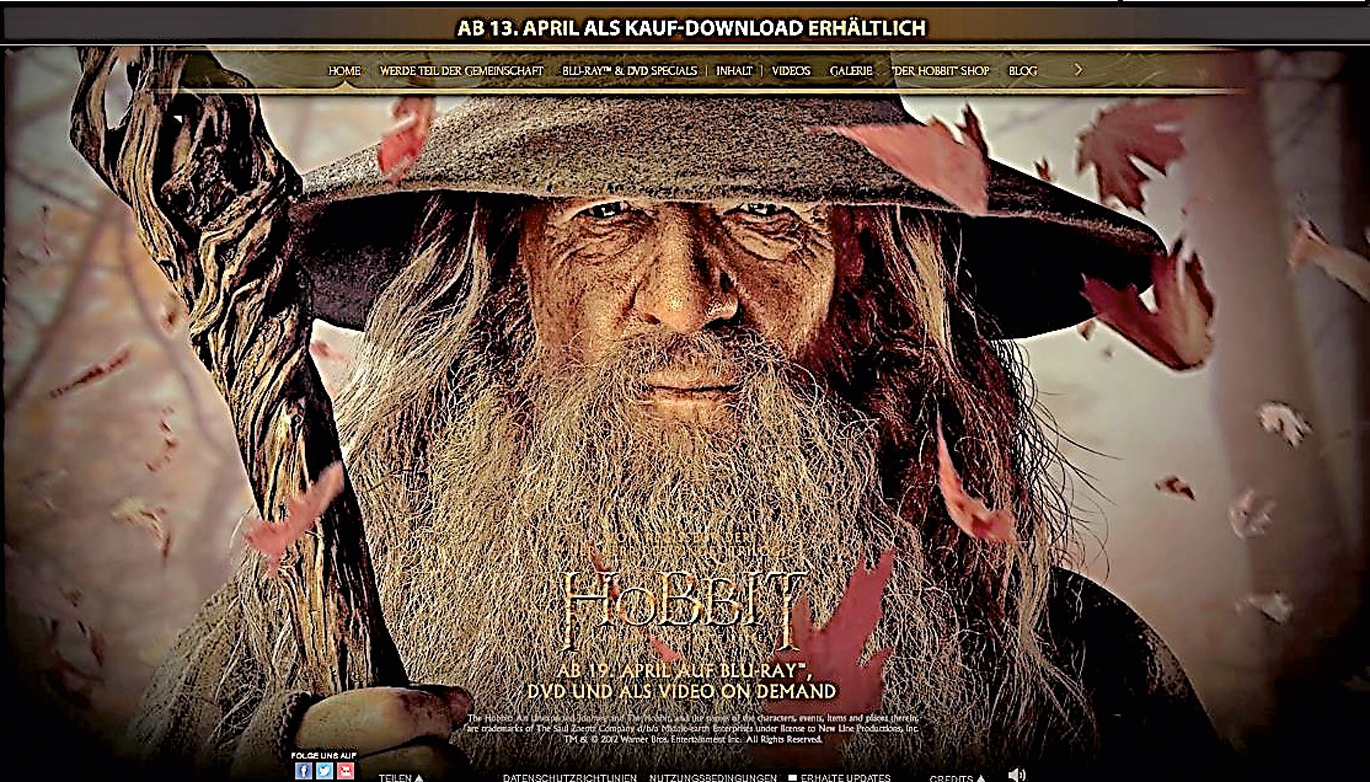 Abb. 3 
            Deutschsprachige Webseite Der Hobbit (USA 2012–2014, Regie: Peter Jackson). Die sich zyklisch verändernde Startseite enthält eine Musikspur.(Quelle: http://wwws.warnerbros.de/thehobbitpart1/dvd/) (Warner Bros./Warner Home Video 10.01.2017).
          