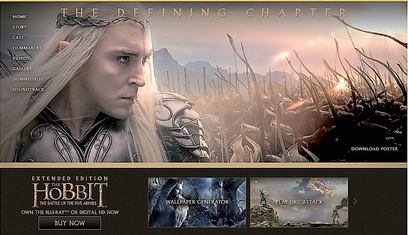 Abb. 4 
            Englischsprachige Webseite The Hobbit (USA 2012–2014, Regie: Peter Jackson) Die Startseite verändert sich zyklisch.(Quelle: http://www.thehobbit.com) (Warner Bros./Warner Home Video 10.01.2017).
          