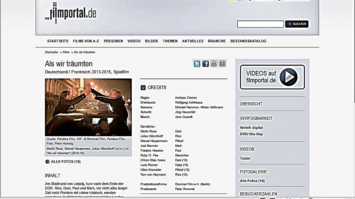 Abb. 5 
            Seite zum Film Als wir träumten (D/FR 2015, Regie: Andreas Dresen) auf dem deutschsprachigen Portal filmportal.de (Ausschnitt). Es besteht direkter Zugang zum Trailer, weiter unten kann eine Rezension eingegeben werden. (Quelle: http://www.filmportal.de/film/als-wir-traeumten_fab0640fea4c4cd4a609a11a8bfcd1f2) (10.01.2017)
          