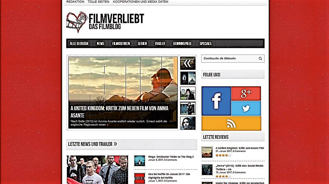 Abb. 7 
            Startseite des Filmblogs „Filmverliebt“ (Ausschnitt). Der obere Teil der Fläche ist animiert und ändert sich zyklisch. Es besteht direkter Zugang zu Trailern und Kurzrezensionen. (Quelle: http://www.filmverliebt.de) (10.01.2017).
          