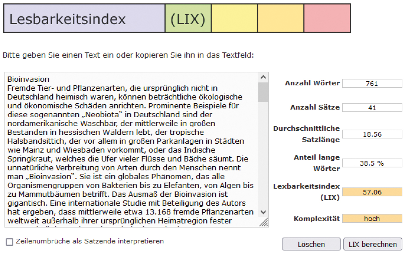 Abbildung 2 
              DSH-Beispieltext Lesen „Bioinvasion“ im LIX-Rechner
            