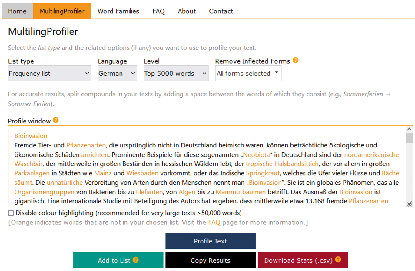 Abbildung 3 
              DSH-Beispieltext Lesen „Bioinvasion“ im MultilingProfiler
            