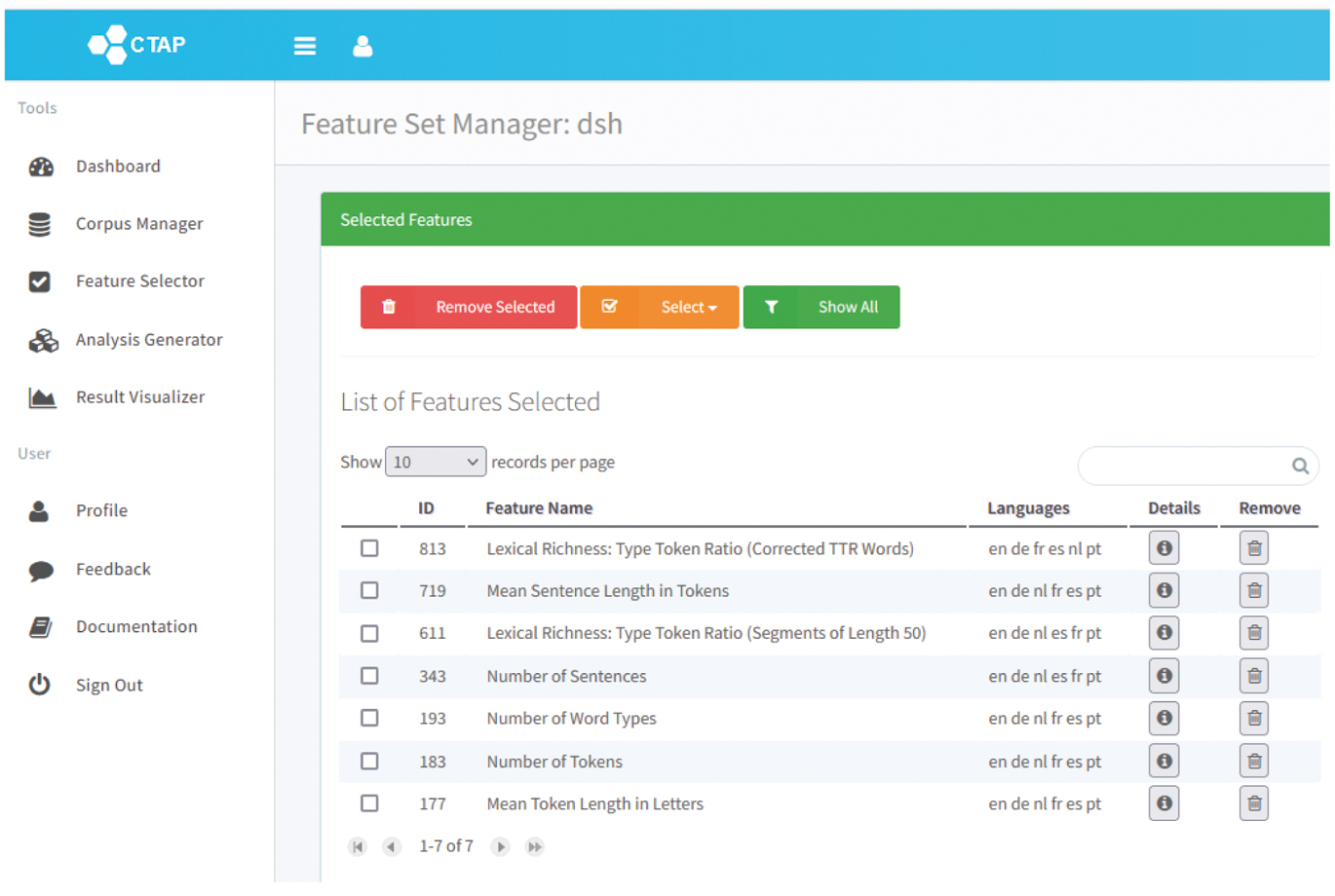 Abbildung 4 
              Auswahl linguistischer Maße in CTAP
            