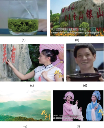 Figure 1: 
              (a) Famous West Lake Longjing tea. (b) President Xi Jinping’s words on a rock. (c) Lady with traditional oil-paper umbrella. (d) Model citizen Zhang Chengliang. (e) A light sky over Hangzhou, the city’s name occurring on the right. (f) Protagonists in the Butterfly Lovers Yue opera.
            