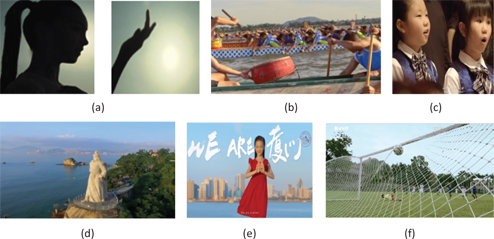 Figure 3: 
            (a) A girl sings “Waves of Gulangyu” … and points upwards against the background of the sun. (b) Dragon boat race with a drum pacing the rowing tempo. (c) The choir sings “Amoy is like a song,” in Minnan dialect. (d) The statue of national hero Zheng Chenggong on Gulangyu Island. (e) A girl signs in Chinese: “I love Xiamen.” (f) Scoring in a football match.
          