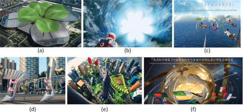 Figure 5: 
              (a) Visual similarity between four-leaf clover and CIIE building. (b) An astronaut moves toward a four-leaf clover-shaped light. (c) Children are flying over sea, transported by four-leaf clovers functioning like helicopter blades. (d) Jimmy Choo’s diamond-studded shoes, on display at CIIE. (e) Four-leaf clovers fly over hybrids of Shanghai buildings and consumer goods. (f) The four-leaf clover appears in the middle of a transparent globe.
            