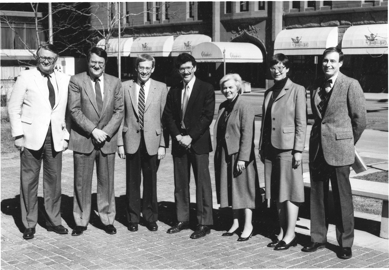 Figure 3: Early Chairs of the National Council on Public History, at Denver, Colorado, NCPH meeting, 1988. (from left to right: Wesley Johnson, Larry Tise, Noel Stowe, Michael Scardaville, Arnita Jones, Barbara J. Howe and Ted Karamanski).copyright: National Council on Public History.