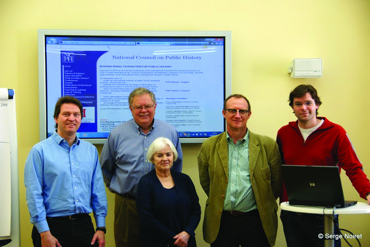 Figure 4: First Steering Committee, International Federation for Public History, Luxembourg, 2012. (from left to right: Andreas Etges, Michael Devine, Arnita Jones, Serge Noiret, Jean-Pierre Morin).copyright: Serge Noiret.
