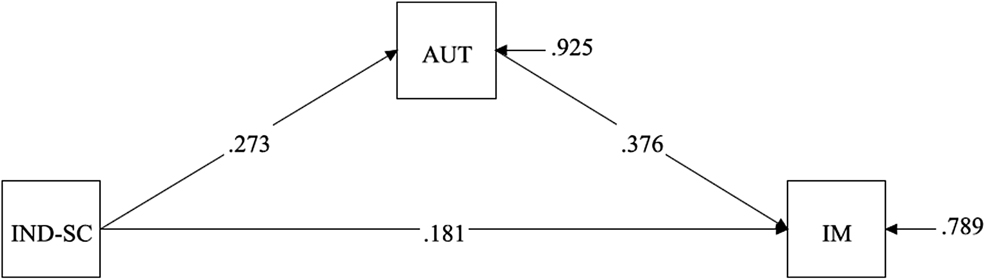 Figure 3: 
The mediation model with standardized estimates. IND-SC = Independent self-construal; AUT = Perceived autonomy; IM = Intrinsic motivation.
