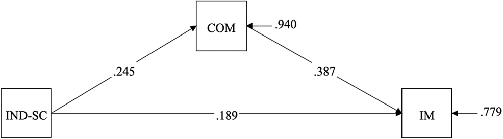 Figure 5: 
The mediation model with standardized estimates. IND-SC = Independent self-construal; COM = Perceived competence; IM = Intrinsic motivation.
