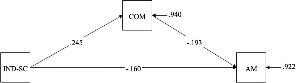 Figure 6: 
The mediation model with standardized estimates. IND-SC = Independent self-construal; COM = Perceived competence; AM = Amotivation.
