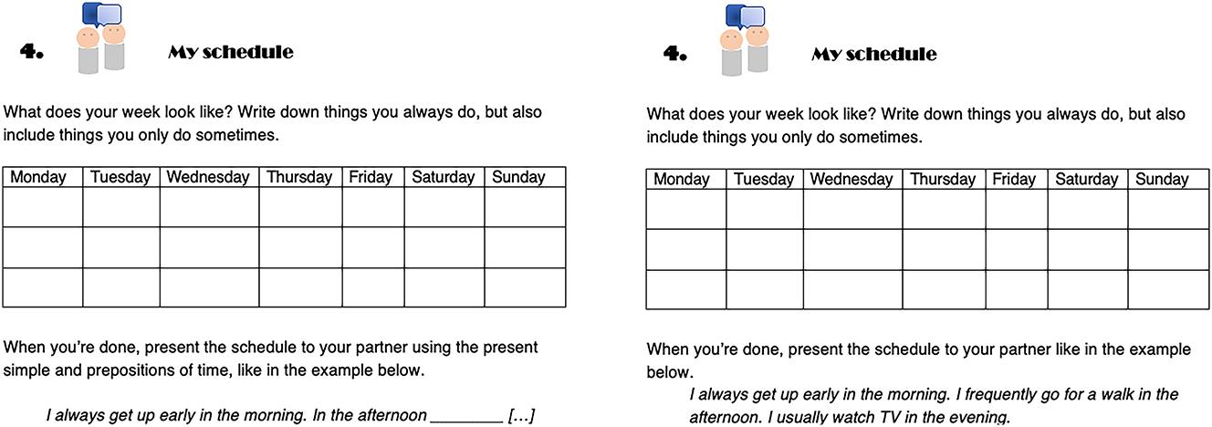 Figure 3: 
Explicit (left) and implicit (right) exercise on describing habits.
