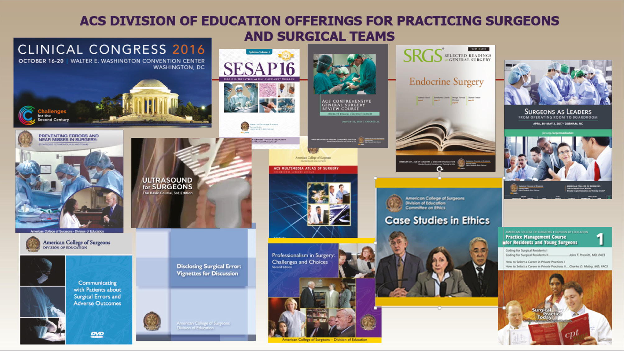 Figure 7: Educational offerings for practicing surgeons and surgical teams produced by The Division of Education under the direction of Ajit Sachdeva, MD, FACS. The Clinical Congress, SESAP, and cross cutting education in surgical ethics, professionalism, and leadership offer outstanding learning opportunities.